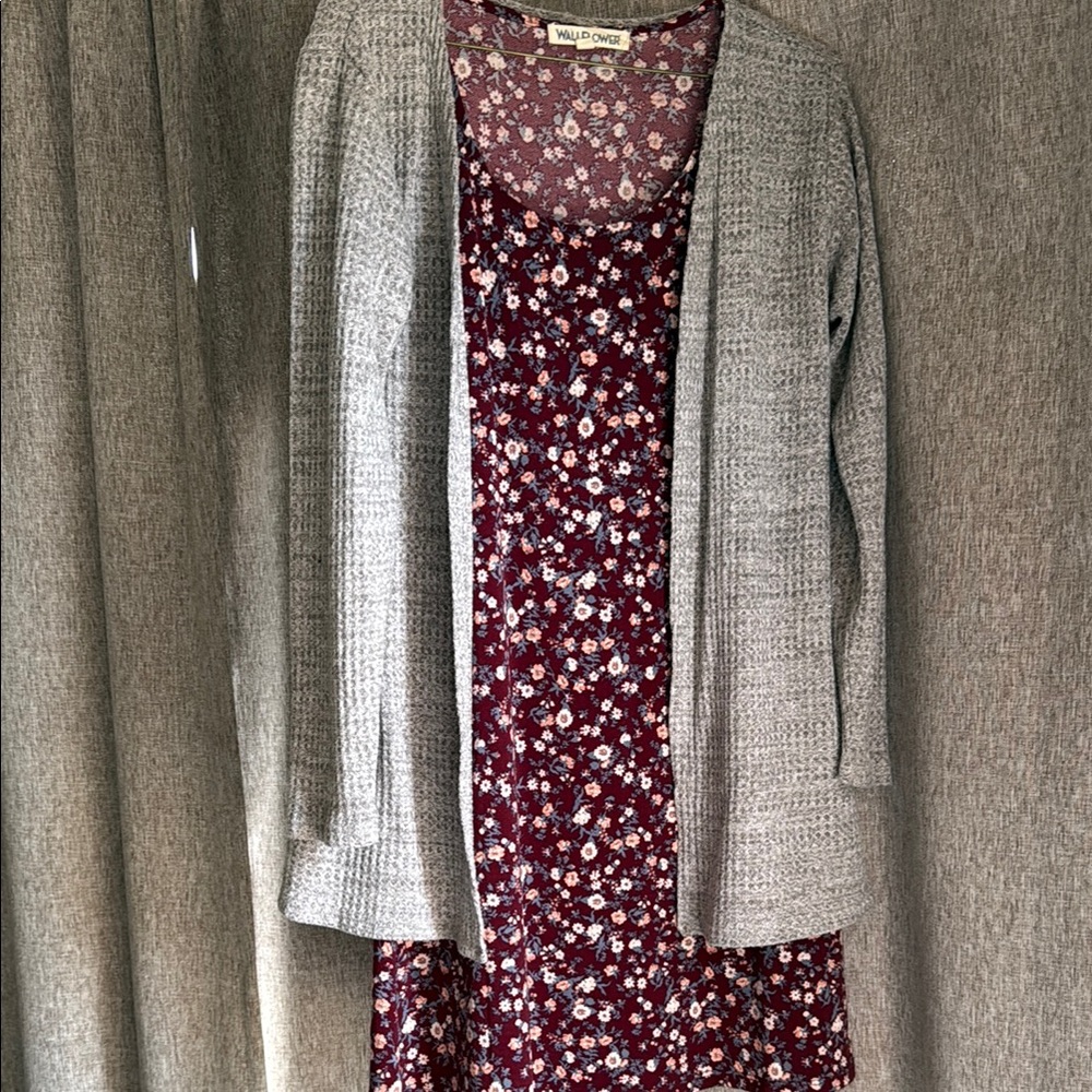 WallFlower Burgundy Floral Dress with Gray Cardigan